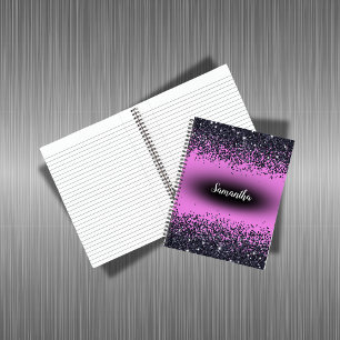 Cuaderno Nombre monogramado Purpurina negro en rosa calient