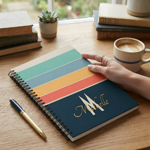 Cuaderno Nombre Monogramado Vintage Navy y Rayas de Coral