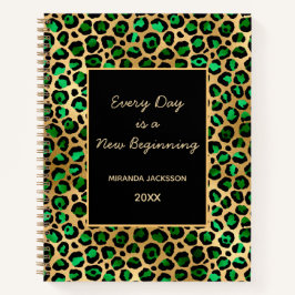 Cuaderno Nombre motivacional del leopardo de oro verde esme