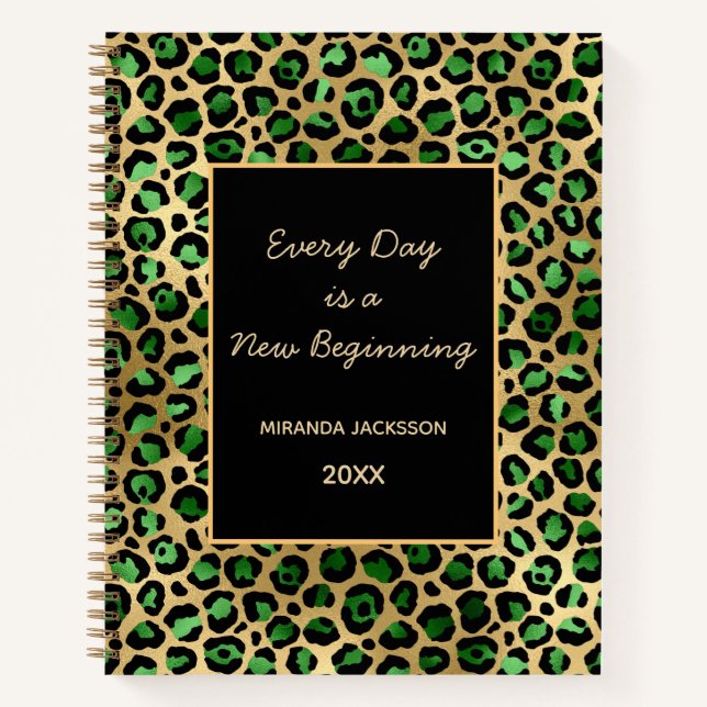 Cuaderno Nombre motivacional del leopardo de oro verde esme (Anverso)