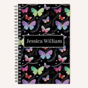 Cuaderno Nombre personal Elegante Morado Brillante Mariposa