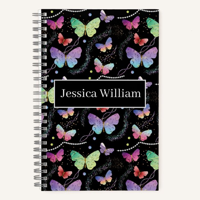 Cuaderno Nombre personal Elegante Morado Brillante Mariposa (Anverso)