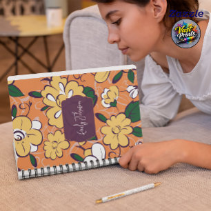 Cuaderno Nombre personalizado abstracto floral naranja blan