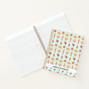 Cuaderno Nombre personalizado acuarela costera conchas de m