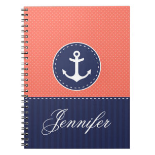 Cuaderno Nombre personalizado ancla azul coralina del