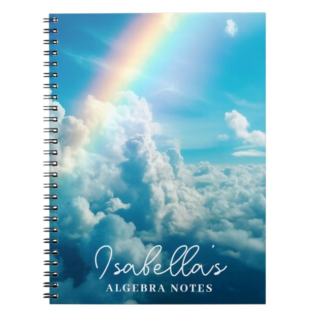 Cuaderno Nombre personalizado Arcoiris estético y nubes (Frente)