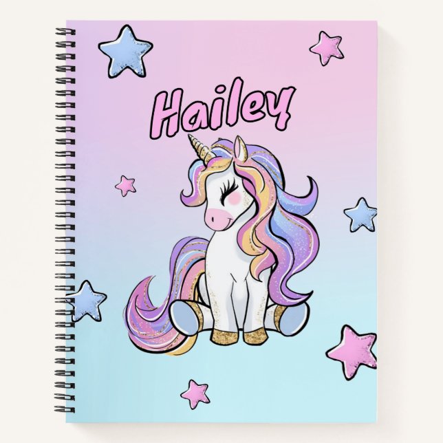 Cuaderno Nombre personalizado Arcoíris Unicornio De vuelta  (Anverso)