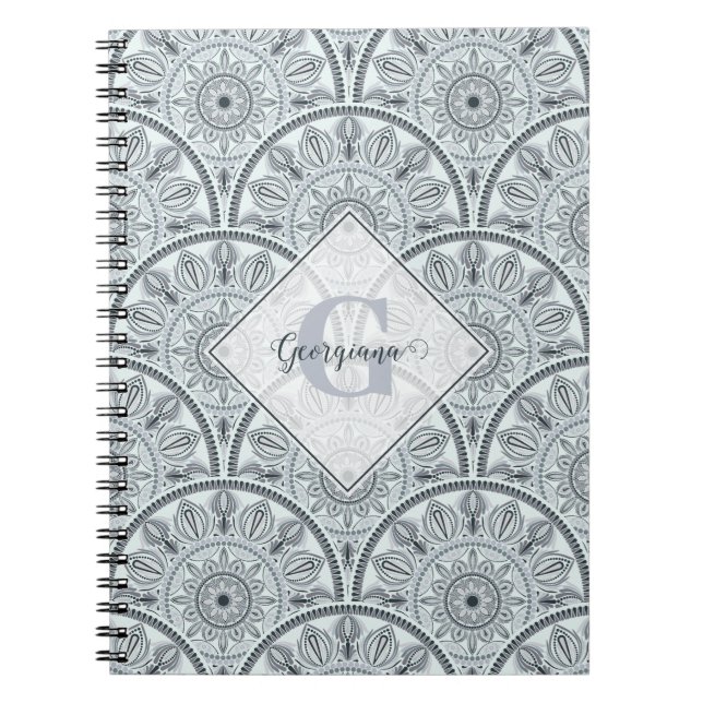 Cuaderno Nombre personalizado Art Deco Armonía floral Gris  (Frente)
