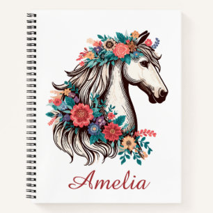 Cuaderno Nombre personalizado Boho Horse con flores