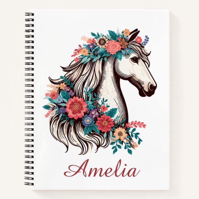 Cuaderno Nombre personalizado Boho Horse con flores (Anverso)