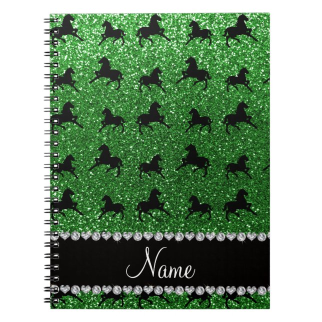 Cuaderno Nombre personalizado caballos purpurinas verdes (Frente)