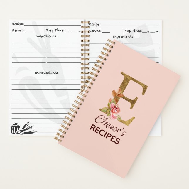 Cuaderno Nombre personalizado Carta E Oro Rosas Rosadas Rec (Interior)