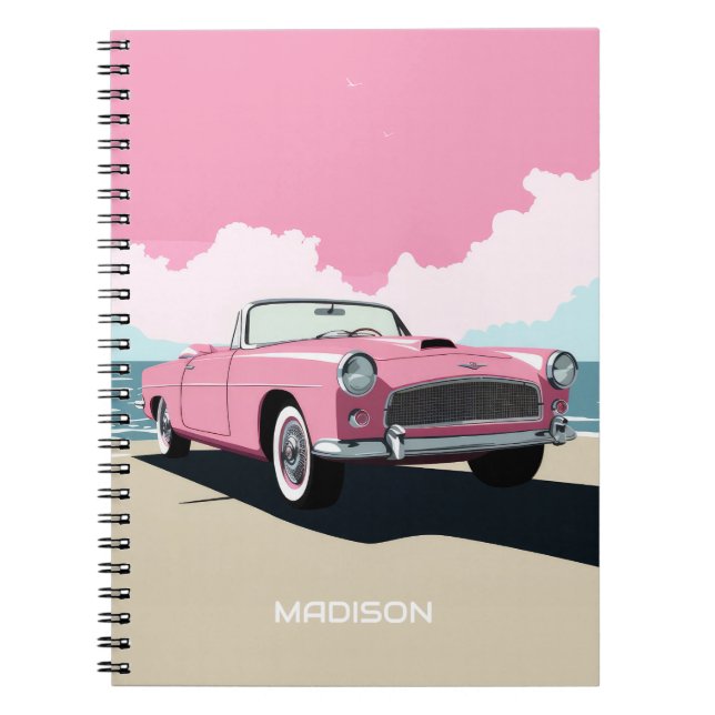Cuaderno Nombre personalizado Coche clásico rosado (Frente)