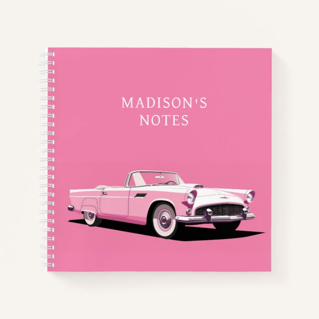 Cuaderno Nombre personalizado Coche clásico rosado (Anverso)