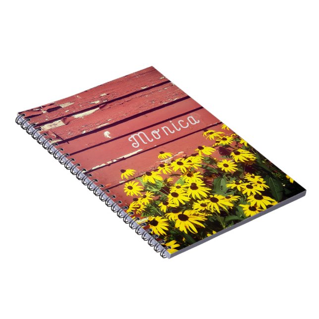 Cuaderno Nombre personalizado con nota de madera y flores r (Lado Derecho)
