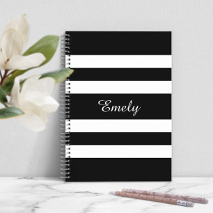 Cuaderno Nombre Personalizado con Patrón de Rayas Negras y 