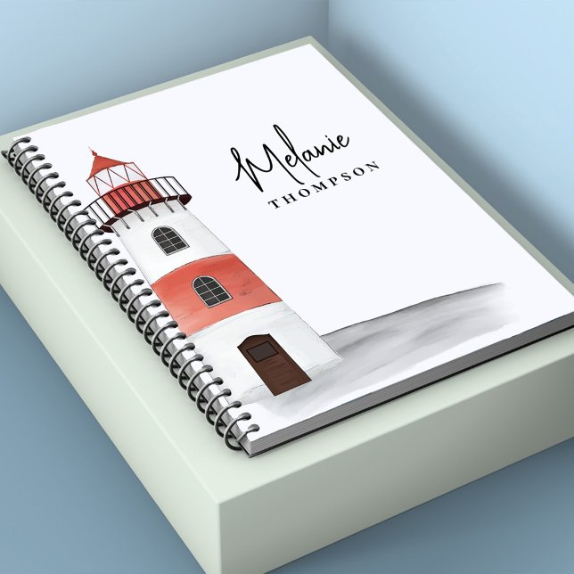 Cuaderno Nombre personalizado de acuarela Nautical (Watercolor nautical lighthouse black and red spiral notebook)