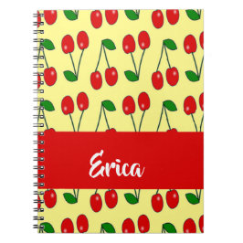 Cuaderno Nombre personalizado de cerezas rojas en amarillo