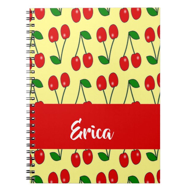 Cuaderno Nombre personalizado de cerezas rojas en amarillo (Frente)