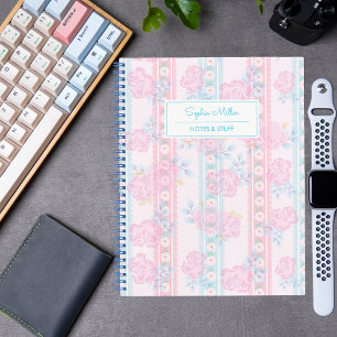 Cuaderno Nombre personalizado de Coqueta Floral Azul Rosa C