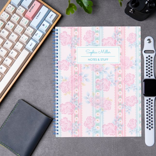 Cuaderno Nombre personalizado de Coqueta Floral Azul Rosa C (Subido por el creador)