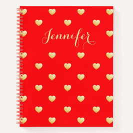 Cuaderno Nombre personalizado de corazones dorados rojos vi