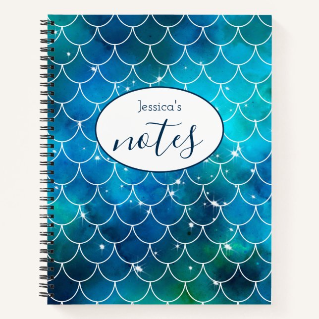 Cuaderno Nombre personalizado de escalas azules de la siren (Anverso)