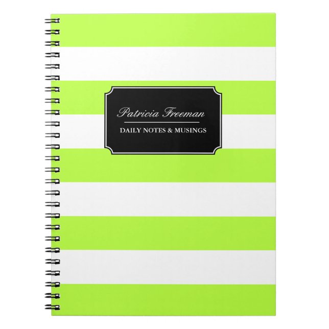 Cuaderno Nombre personalizado de franjas verde y blanca vib (Frente)