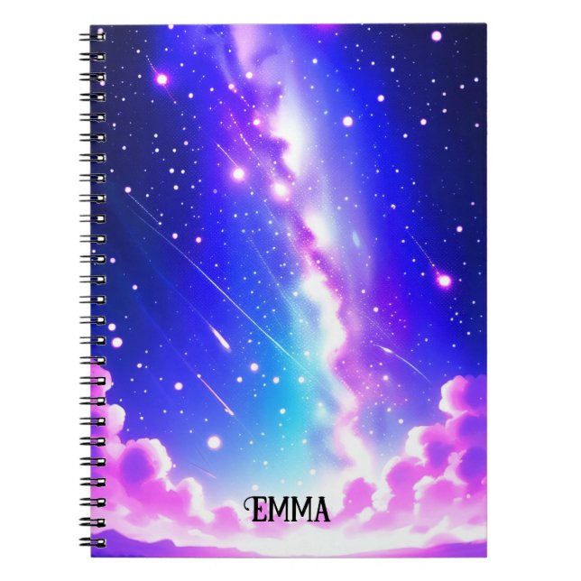 Cuaderno Nombre personalizado de galaxia azul celeste y ros (Frente)