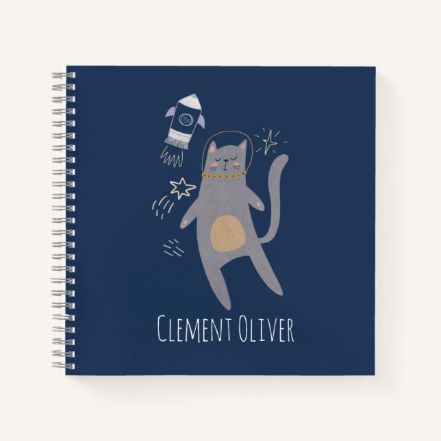 Cuaderno Nombre personalizado de gato de astronauta gris ma (Anverso)
