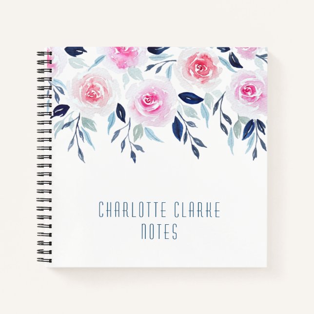 Cuaderno Nombre personalizado de la acuarela de las rosas r (Anverso)