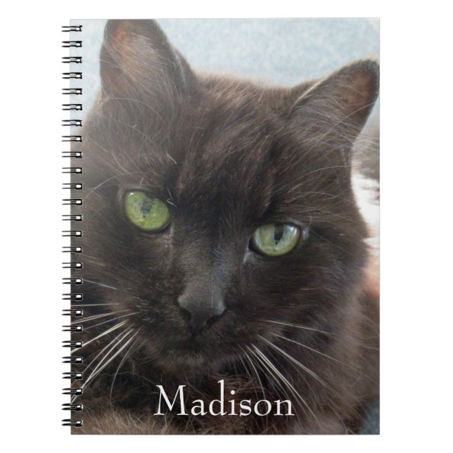 Cuaderno Nombre personalizado de la foto de gato negro (Frente)