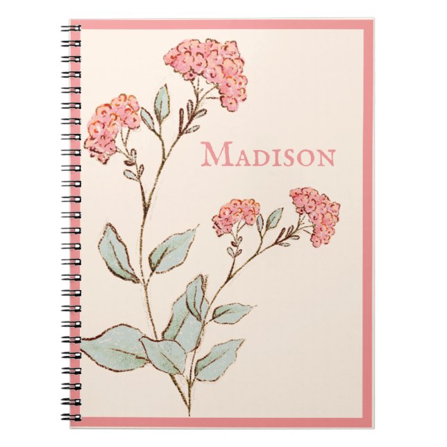 Cuaderno Nombre personalizado de la hidrangea rosa de bonit (Frente)
