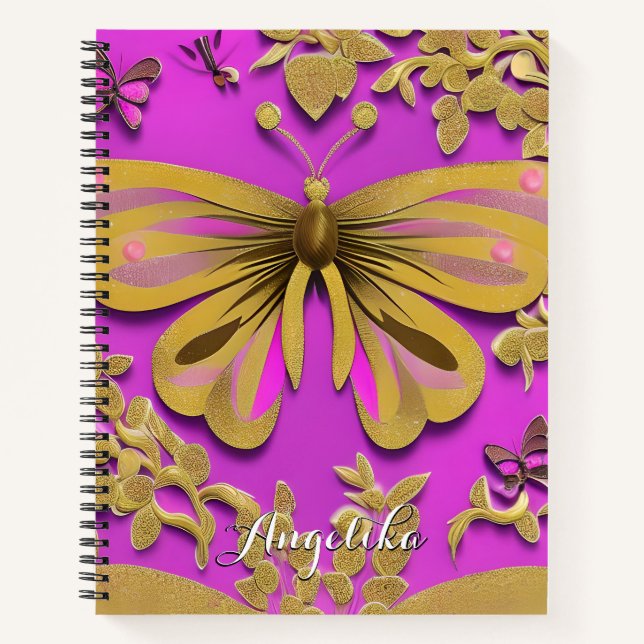 Cuaderno Nombre personalizado de la mariposa dorada rosada  (Anverso)