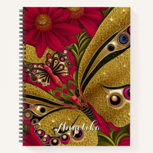 Cuaderno Nombre personalizado de la mariposa dorada y roja