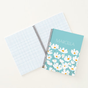 Cuaderno Nombre personalizado de las flores de cosmos blanc