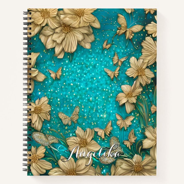 Cuaderno Nombre personalizado de las mariposas verde azulad (Anverso)