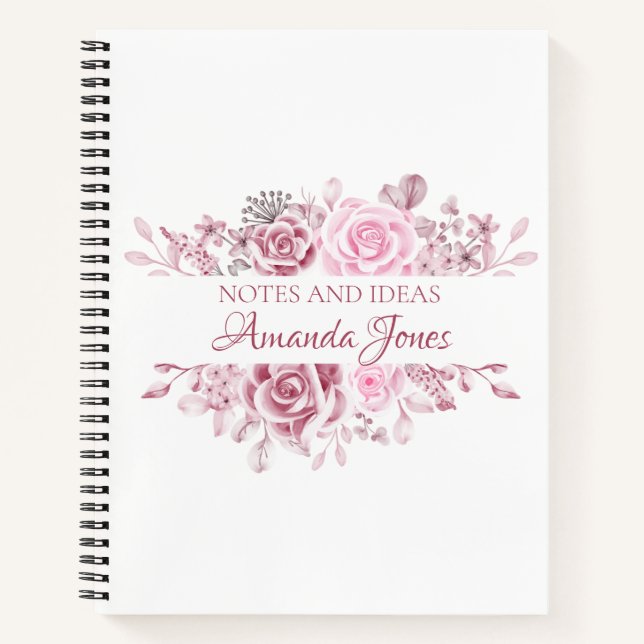 Cuaderno Nombre personalizado de las rosas rosadas florales (Anverso)