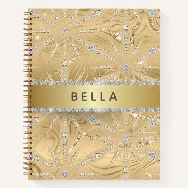Cuaderno Nombre Personalizado De Lujo Dorado Y Copos De Nie (Anverso)
