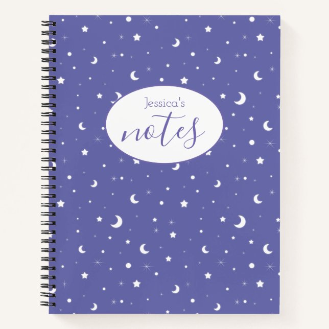 Cuaderno Nombre personalizado de lunas moradas y estrellas (Anverso)