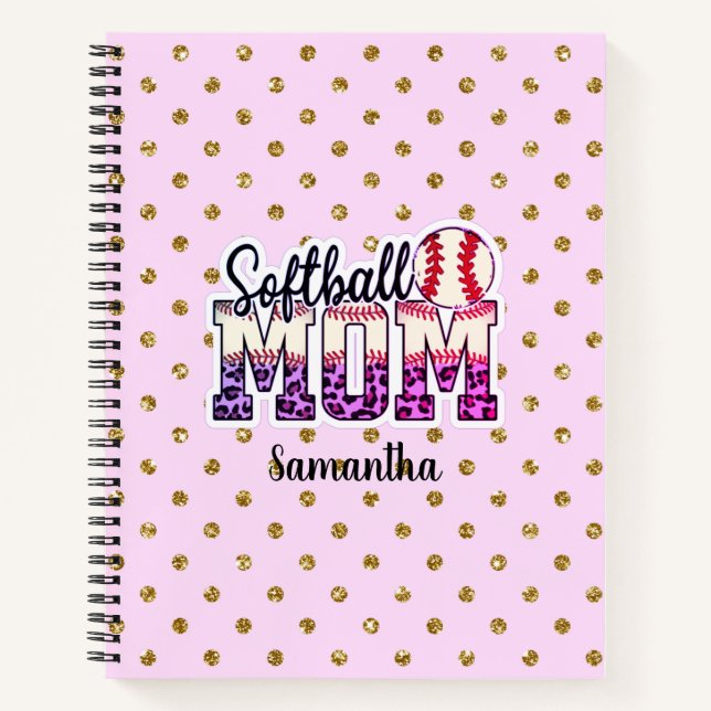 Cuaderno Nombre personalizado de mamá de Softball | Punto d (Anverso)