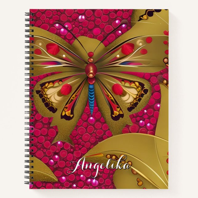 Cuaderno Nombre personalizado de mariposa dorada y roja bri (Anverso)