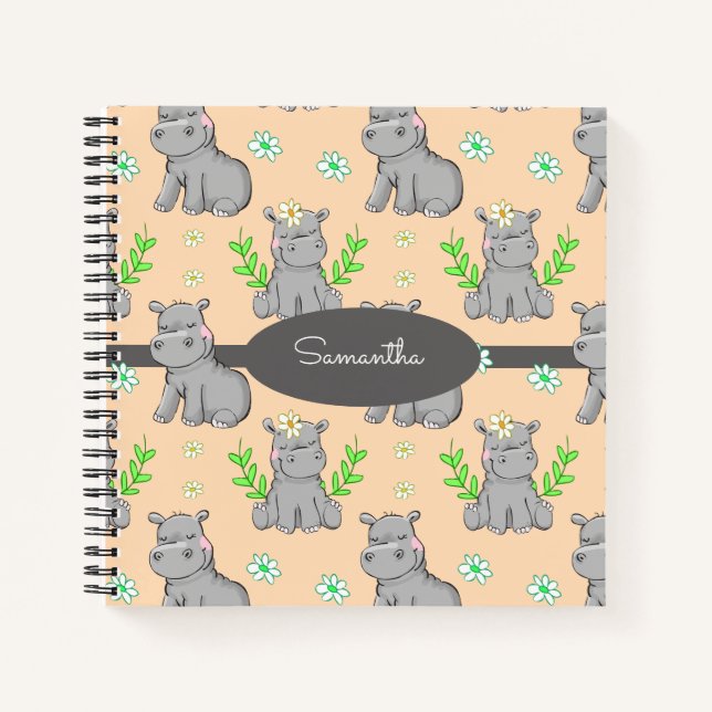 Cuaderno Nombre personalizado de patrón de hippos y flores (Anverso)