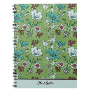 Cuaderno Nombre personalizado de patrón floral sin fisuras