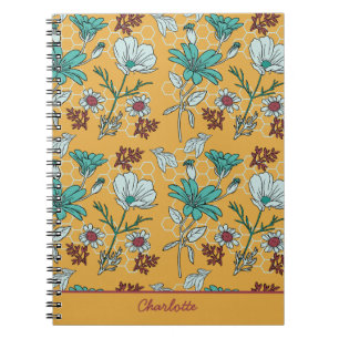 Cuaderno Nombre personalizado de patrón sin costura y flora