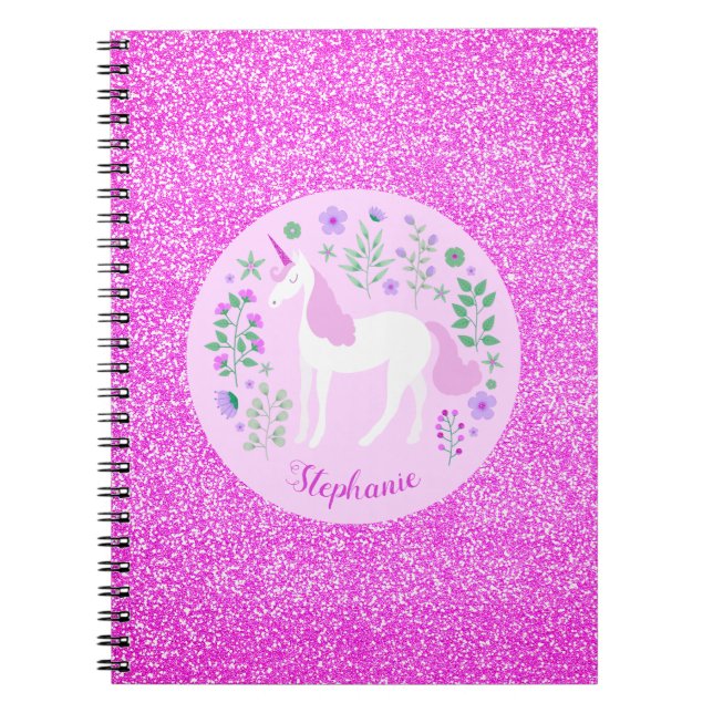 Cuaderno Nombre personalizado de Purpurina rosa de Unicorn (Frente)