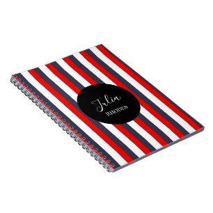 Cuaderno Nombre personalizado de rayas rojas, blancas y azu