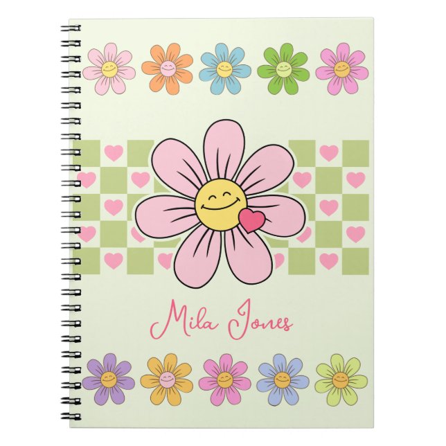 Cuaderno Nombre personalizado de sonrisa de flor feliz (Frente)