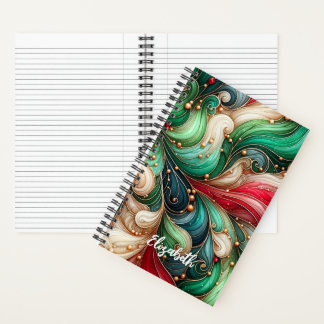 Cuaderno Nombre personalizado de Swirl de tinta dorada verd
