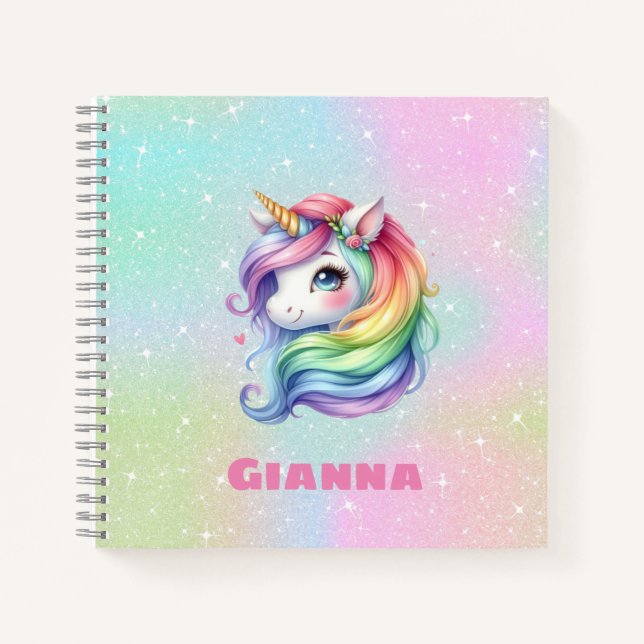 Cuaderno Nombre personalizado de Unicornio arcoiris (Anverso)